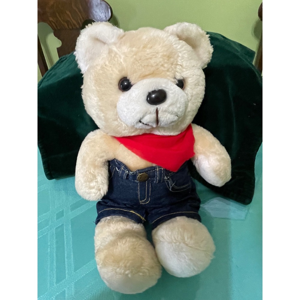 Lee Plush Teddy Bear Cream Red Bandana‎ Denim Jeans Vintage Toy